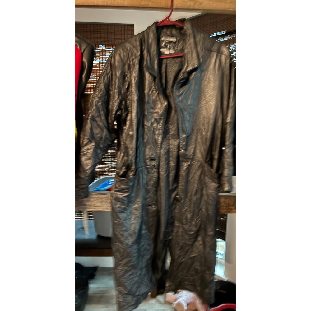 Global Identity G-III Mens Black Leather Trench Coat Vintage Long Jacket Small